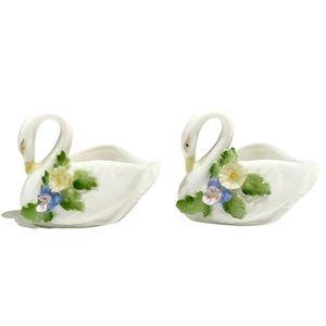Vintage Maruri Masterpiece Bone China Miniature Swan Figurines Set of 2 Flowers